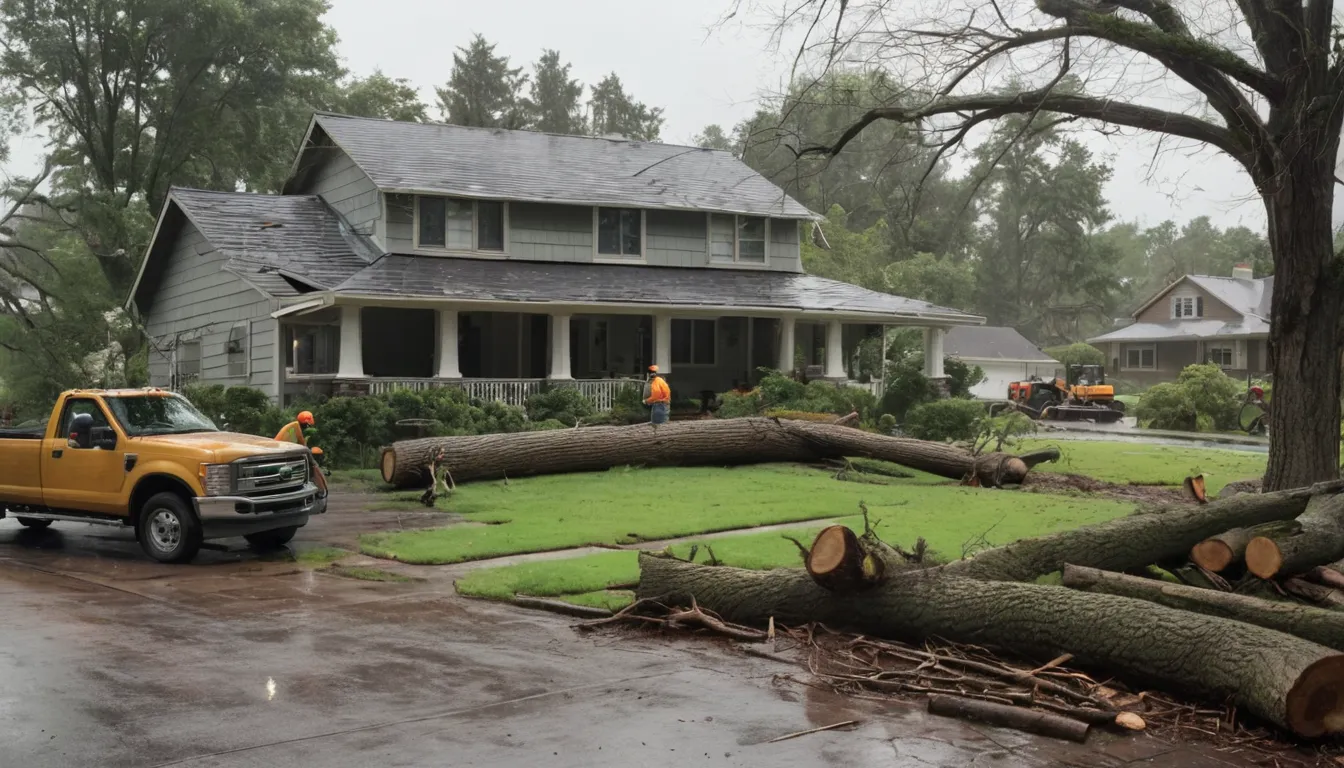 Local tree provider safely cutting a storm-fallen tree near a home in Lake Zurich